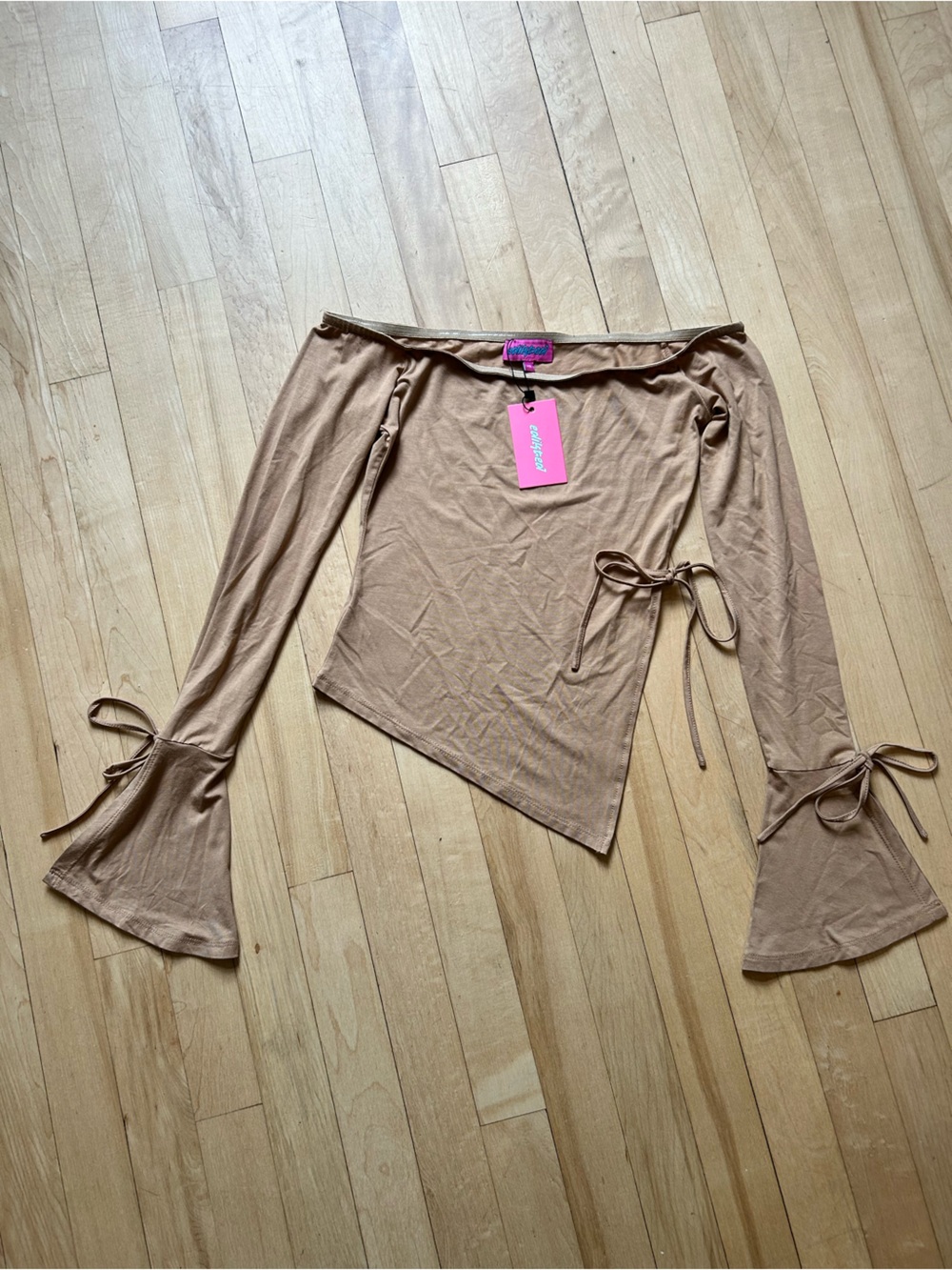 Edikted Tan Asymmetrical Off-Shoulder Crop Top